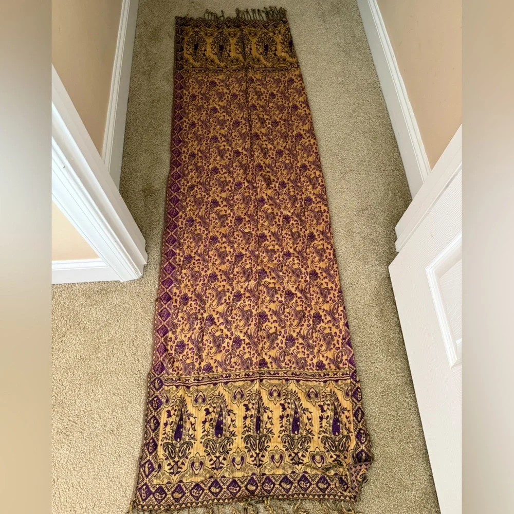 Vintage 100% Cashmere Shawl Wrap Scarf Jerusalem gold purple - Picture 4 of 4